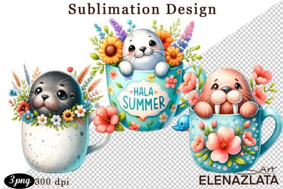 Download Cute Sea Animals in a Cup for Clipart - Premium Bundle